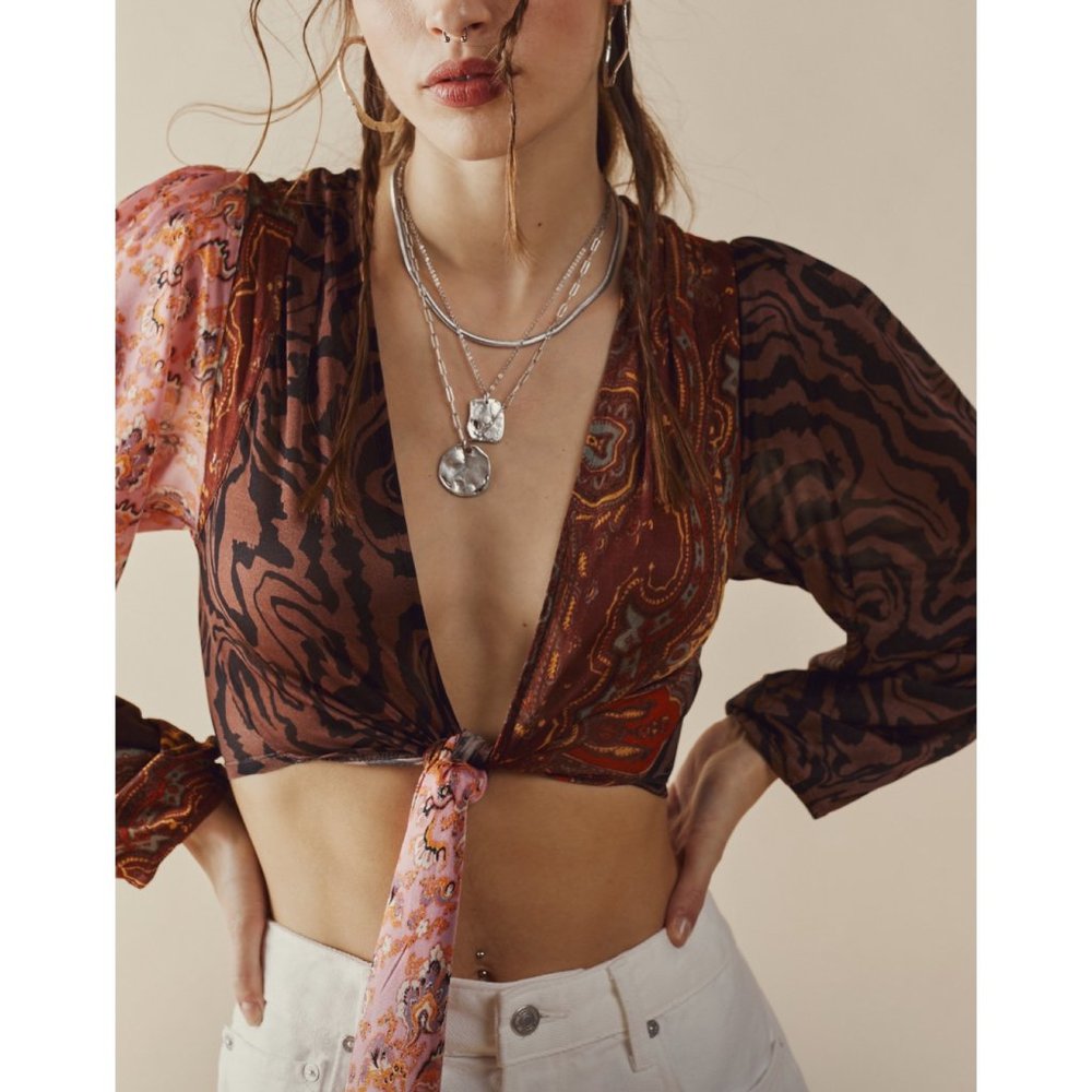 Free People Brown & Pink Mixed-Print Tie-Front Crop Top - Picture 2 of 6